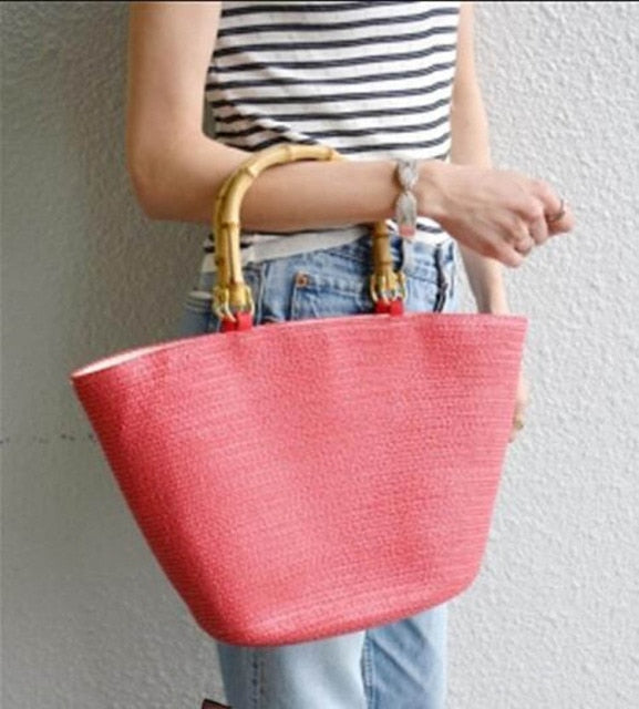 Boho Bag, Woven Grass Straw Basket Bag, Bamboo Handle in Black, Ivory, Pink and Blue