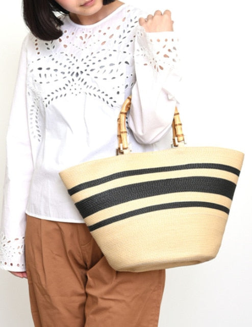 Boho Bag, Woven Grass Straw Basket Bag, Bamboo Handle in Black, Ivory, Pink and Blue