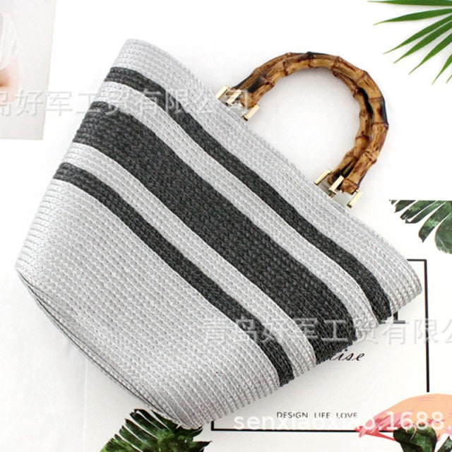 Boho Bag, Woven Grass Straw Basket Bag, Bamboo Handle in Black, Ivory, Pink and Blue