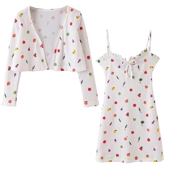 Boho Two Piece Set, Cardigan and  Dress, White Mix Fruit