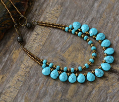 Boho Necklace, Blue Agate, Jasper and Seeds