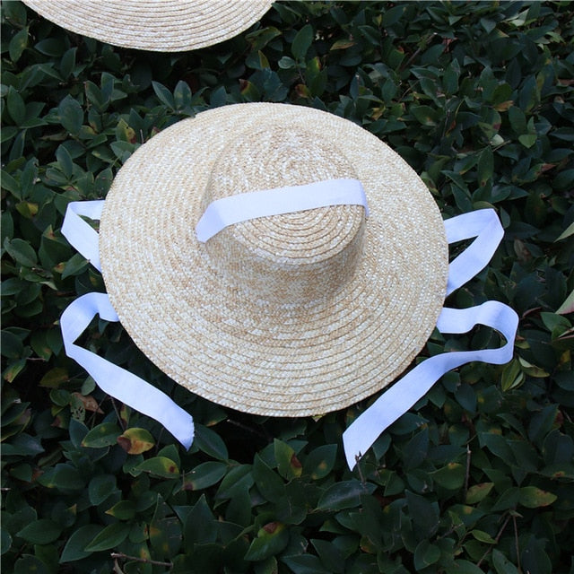 Boho Hat, Sun Beach Hat, Wide Brim Straw Hat 10 cm, Black, White, Orange Ribbon
