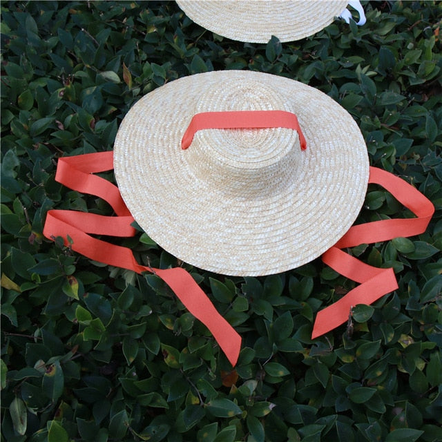 Boho Hat, Sun Beach Hat, Wide Brim Straw Hat 10 cm, Black, White, Orange Ribbon