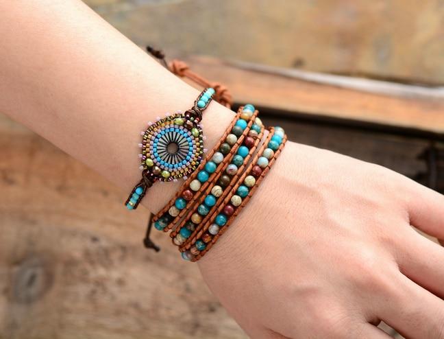 Boho Bracelet, Leather Wrap Bracelet, Weave Bracelet, Blue Amazonite Crystal