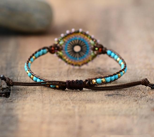 Boho Bracelet, Leather Wrap Bracelet, Weave Bracelet, Blue Amazonite Crystal