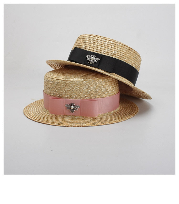 Boho Hat, Kid Hat, Little Girl Hat, Straw Hat, Sun Bee Black Pink
