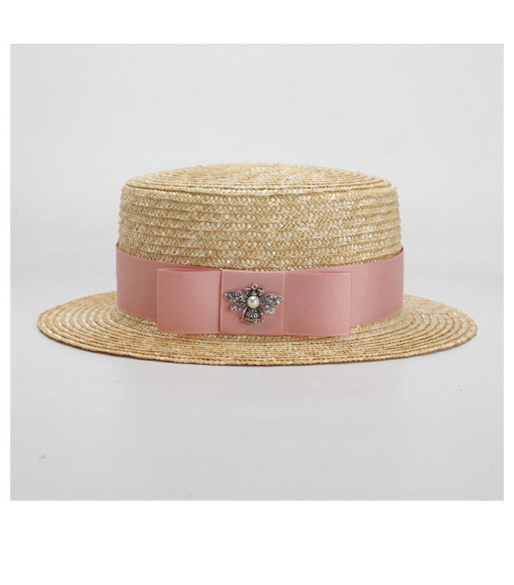 Boho Hat, Kid Hat, Little Girl Hat, Straw Hat, Sun Bee Black Pink