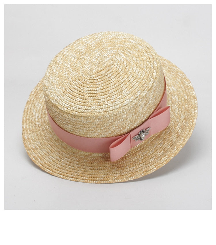 Boho Hat, Kid Hat, Little Girl Hat, Straw Hat, Sun Bee Black Pink