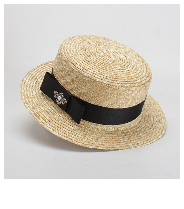 Boho Hat, Kid Hat, Little Girl Hat, Straw Hat, Sun Bee Black Pink