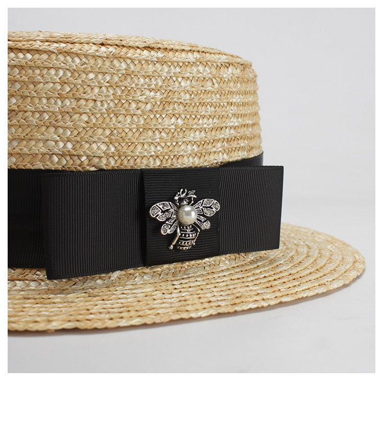 Boho Hat, Kid Hat, Little Girl Hat, Straw Hat, Sun Bee Black Pink