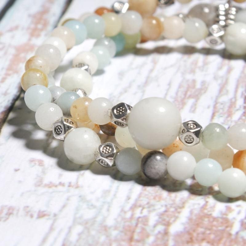 Boho Bracelet, Layers Green Amazonite Mala Mantra Lotus