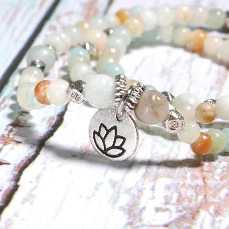 Boho Bracelet, Layers Green Amazonite Mala Mantra Lotus