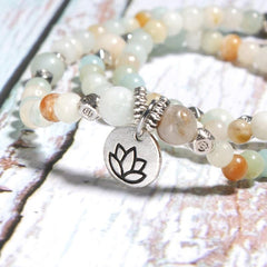 Boho Bracelet, Layers Green Amazonite Mala Mantra Lotus