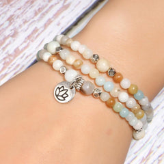 Boho Bracelet, Layers Green Amazonite Mala Mantra Lotus