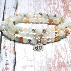 Boho Bracelet, Layers Green Amazonite Mala Mantra Lotus