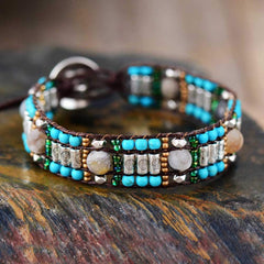 Boho Bracelet, Leather Wrap Bracelet, Blue Silver Stone
