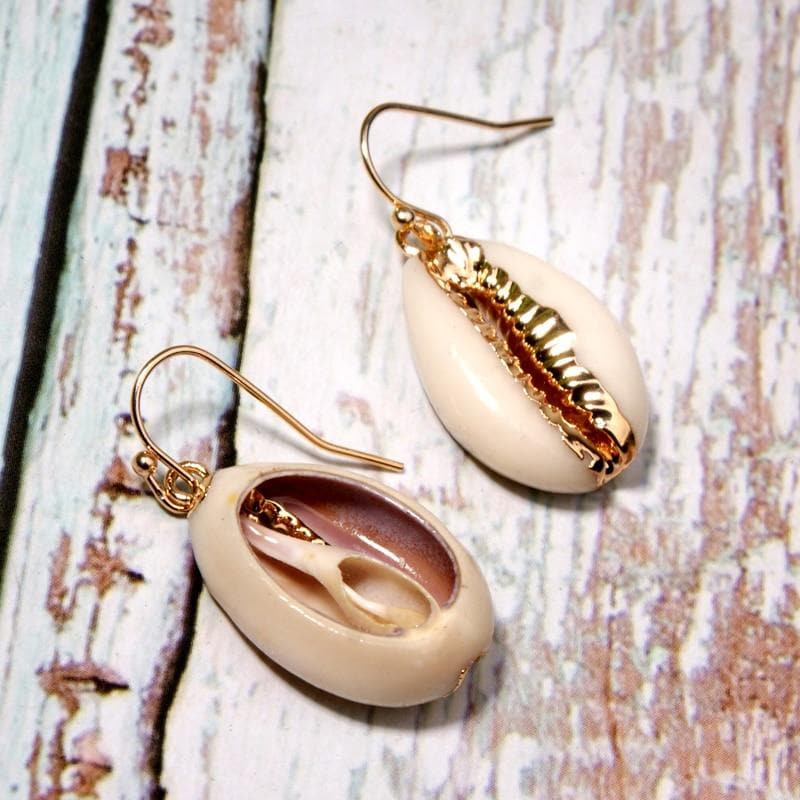 Boho Earrings, Dangle Earrings, Natural Shell with Gold