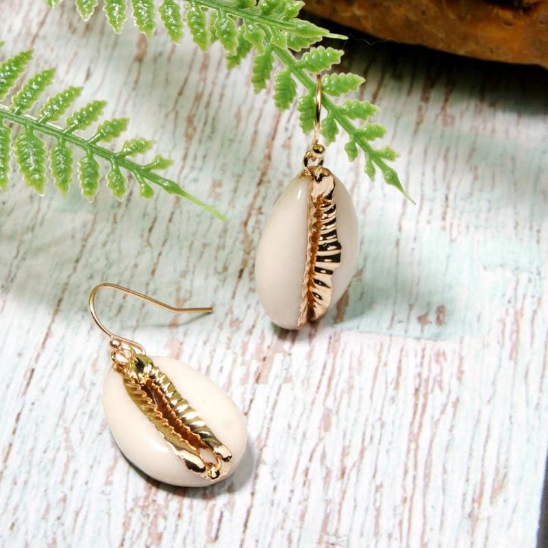 Boho Earrings, Dangle Earrings, Natural Shell with Gold