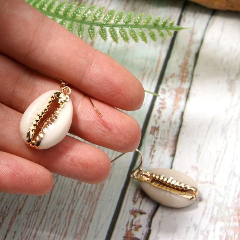 Boho Earrings, Dangle Earrings, Natural Shell with Gold