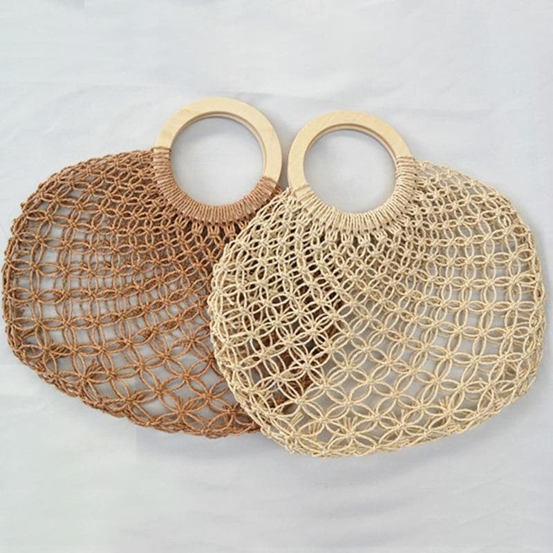 Boho Bag, Woven  Straw Rope Tote Bag, Brown and Ivory Lash