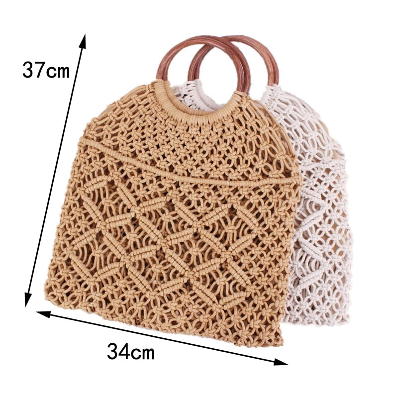 Boho Bag, Woven Straw Rope Bag, Brown and White Wood