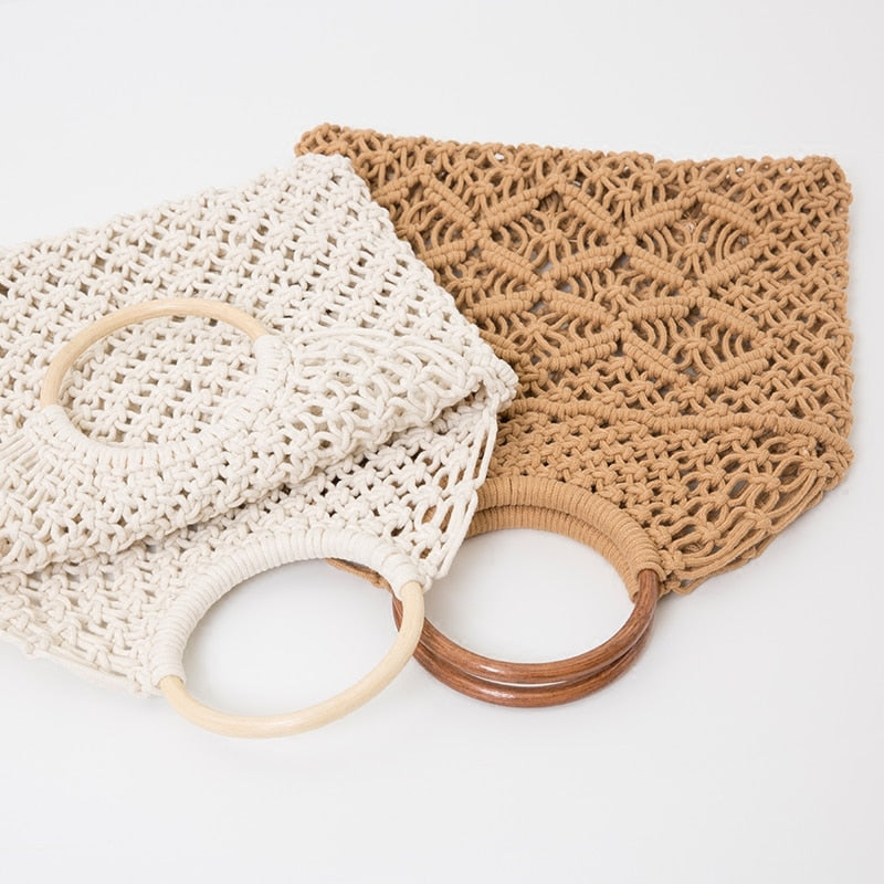 Boho Bag, Woven Straw Rope Bag, Brown and White Wood