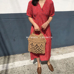 Boho Bag, Woven Straw Rope Bag, Brown and White Wood