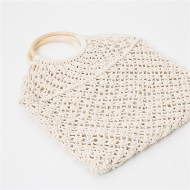 Boho Bag, Woven Straw Rope Bag, Brown and White Wood