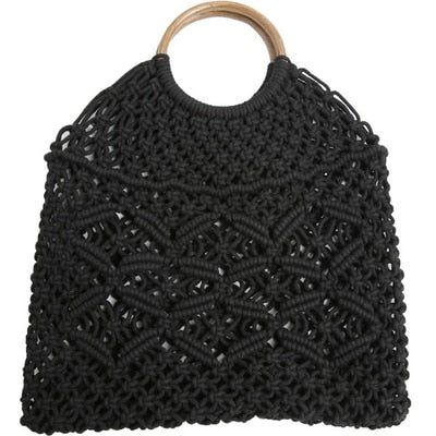 Boho Bag, Woven Straw Rope Bag, Brown and White Wood