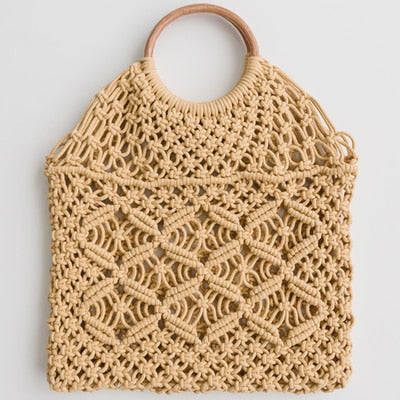 Boho Bag, Woven Straw Rope Bag, Brown and White Wood