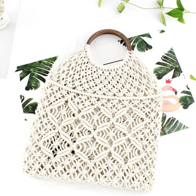Boho Bag, Woven Straw Rope Bag, Brown and White Wood