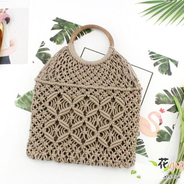 Boho Bag, Woven Straw Rope Bag, Brown and White Wood
