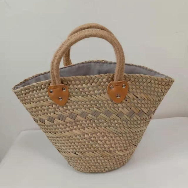 Boho Bag, Woven Straw Basket Bag, Rattan Bag, Blue Wave