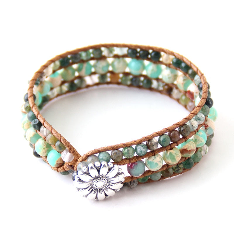 Boho Bracelet, RH Leather Wrap Bracelet, Green Jade Lotus