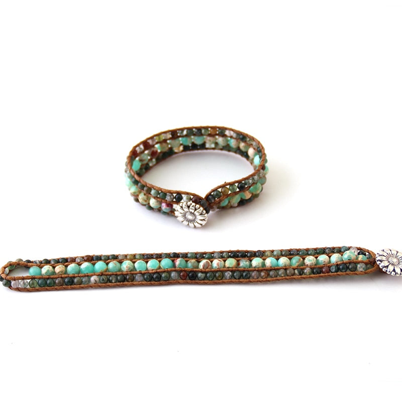 Boho Bracelet, RH Leather Wrap Bracelet, Green Jade Lotus