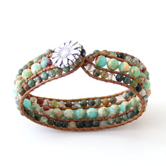 Boho Bracelet, RH Leather Wrap Bracelet, Green Jade Lotus