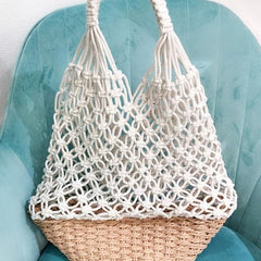 Boho Bag, Woven Mesh Rope Tote Bag Vano in Brown and Beige