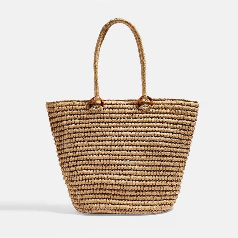 Boho Bag, Woven Straw Rope Tote Bag, Brown and Beige Patrin