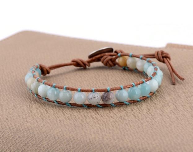 Boho Bracelet, Leather Wrap Bracelet, Weave Bracelet, Blue Amazonite