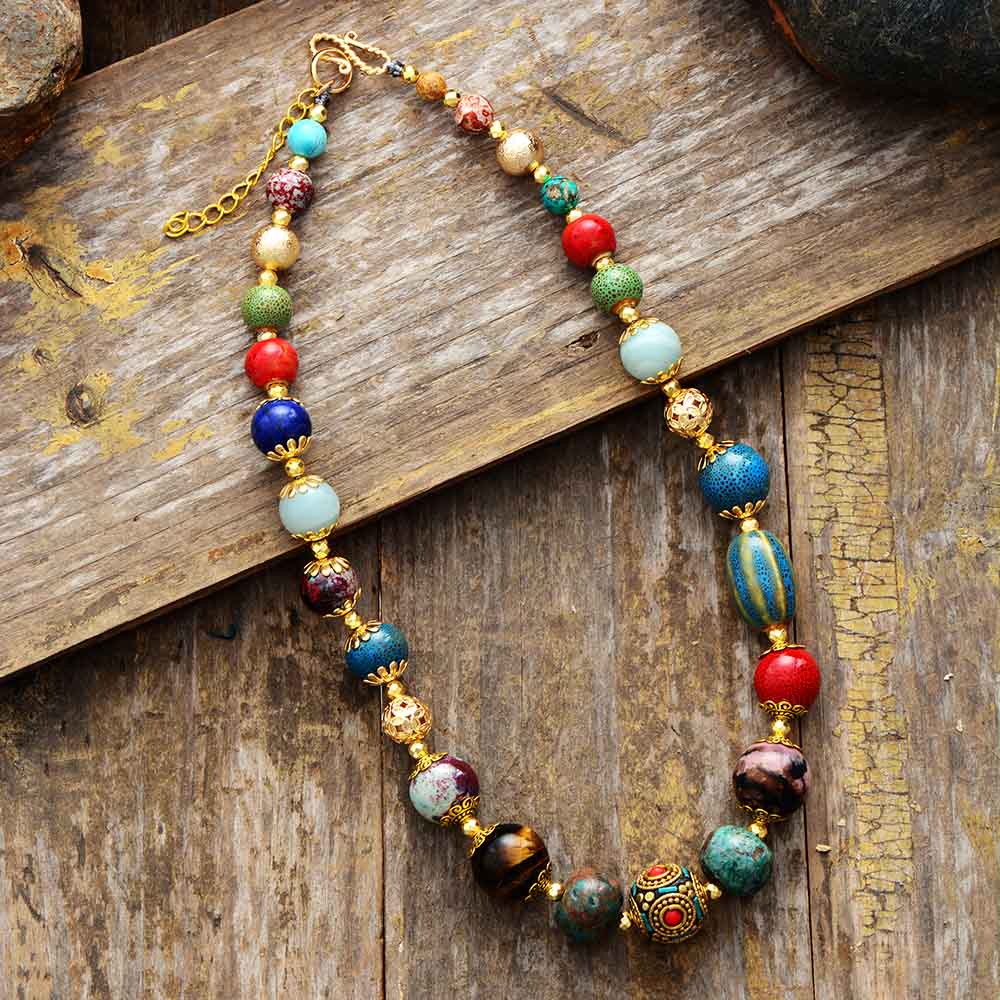 Boho Necklace, Choker Necklace, Blue & Gold Ethnic Elegant