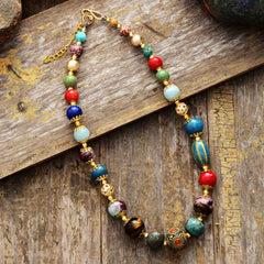Boho Necklace, Choker Necklace, Blue & Gold Ethnic Elegant