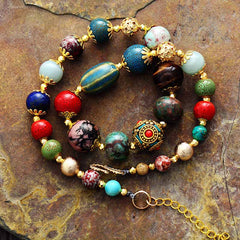 Boho Necklace, Choker Necklace, Blue & Gold Ethnic Elegant