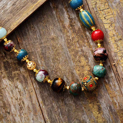 Boho Necklace, Choker Necklace, Blue & Gold Ethnic Elegant