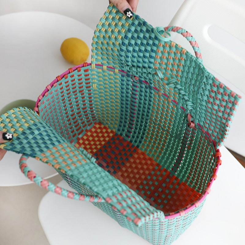 Boho Bag, Woven Plastic Basket Bag, Blue Beach