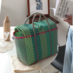 Boho Bag, Woven Plastic Basket Bag, Blue Beach