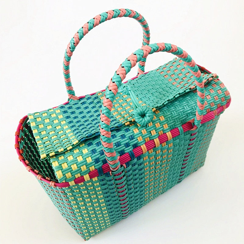 Boho Bag, Woven Plastic Basket Bag, Blue Beach