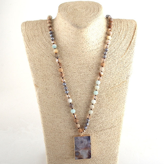 Boho Necklace, RH Rose Quart Amazonite, Square Pink Green Natural Stone