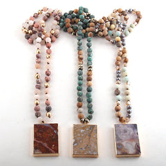 Boho Necklace, RH Rose Quart Amazonite, Square Pink Green Natural Stone