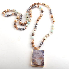 Boho Necklace, RH Rose Quart Amazonite, Square Pink Green Natural Stone