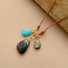 Boho Necklace, Labradorite Amazonite Leather Pendant Necklace